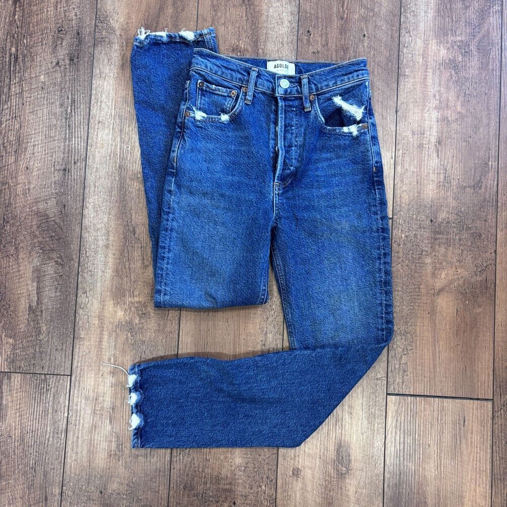 AGOLDE Riley High Rise Straight Denim Blue Distressed Jeans Size 24 Cut 57336